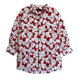 INC International Concepts Red Floral Tunic Top Size 3XL Linen Cotton Button Up